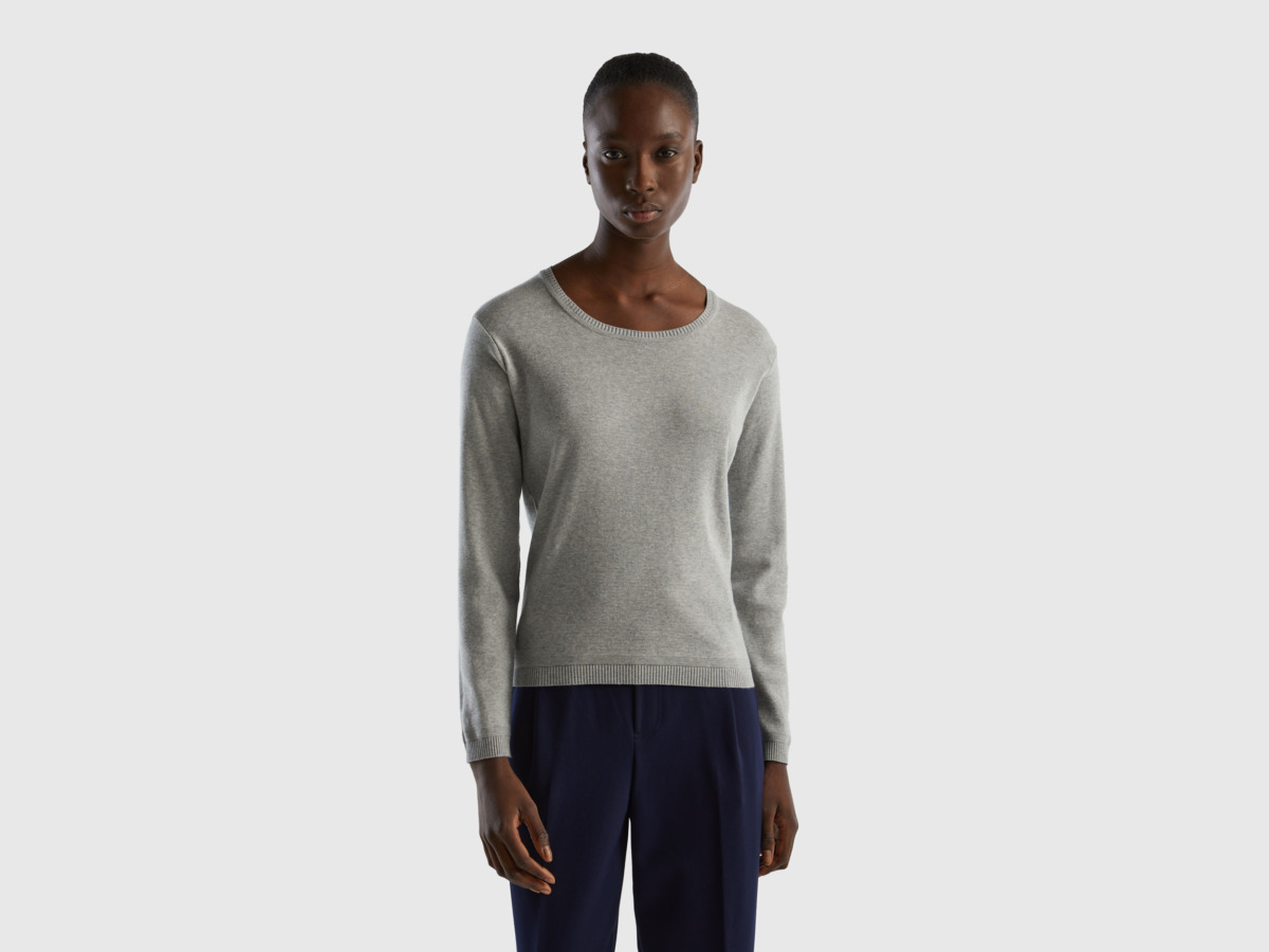 Benetton Grey Online Exclusive Sweater With Round Excerpt Made Of Pure Light Gray Female Womens SWEATERS GOOFASH