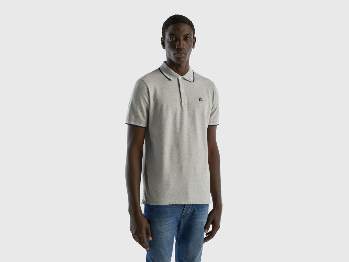 Benetton Grey Polo Made Of Stretchy With Short Sleeves Light Gray Male Mens POLOSHIRTS GOOFASH