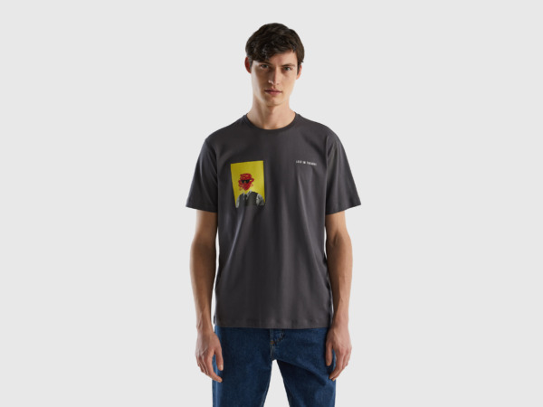 Benetton Grey Shirt With Photo Print Dark Gray Male Mens SHIRTS GOOFASH
