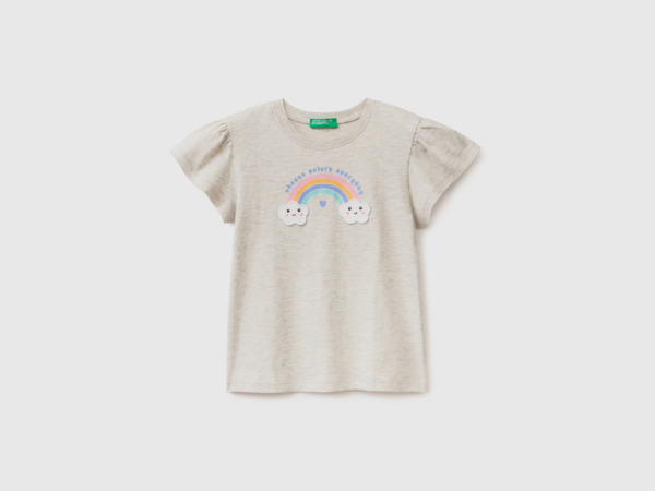Benetton Grey T-Shirt With Glittering Print And Patch Light Gray Female Womens T-SHIRTS GOOFASH