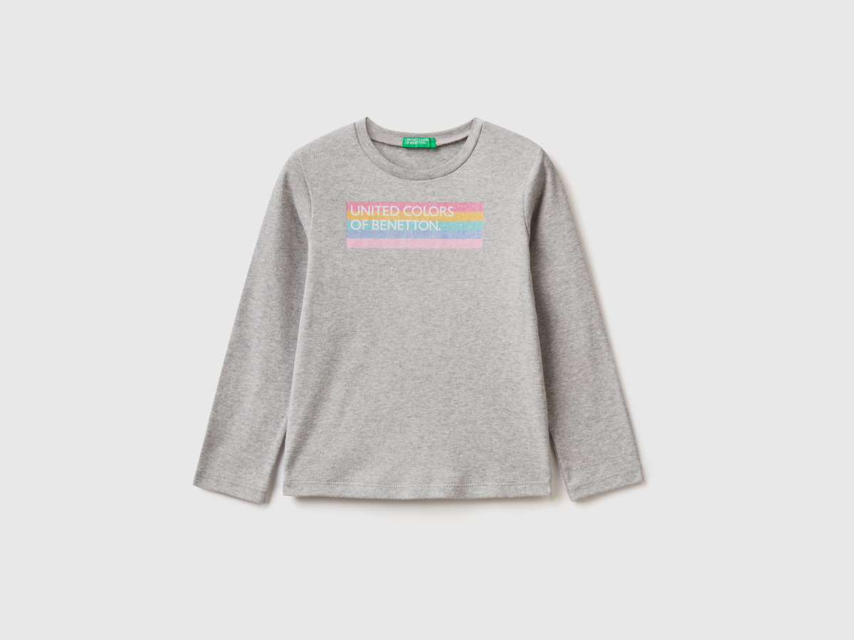 Benetton Grey T-Shirt With Long Sleeves And Glitter Print Light Gray Female Womens T-SHIRTS GOOFASH