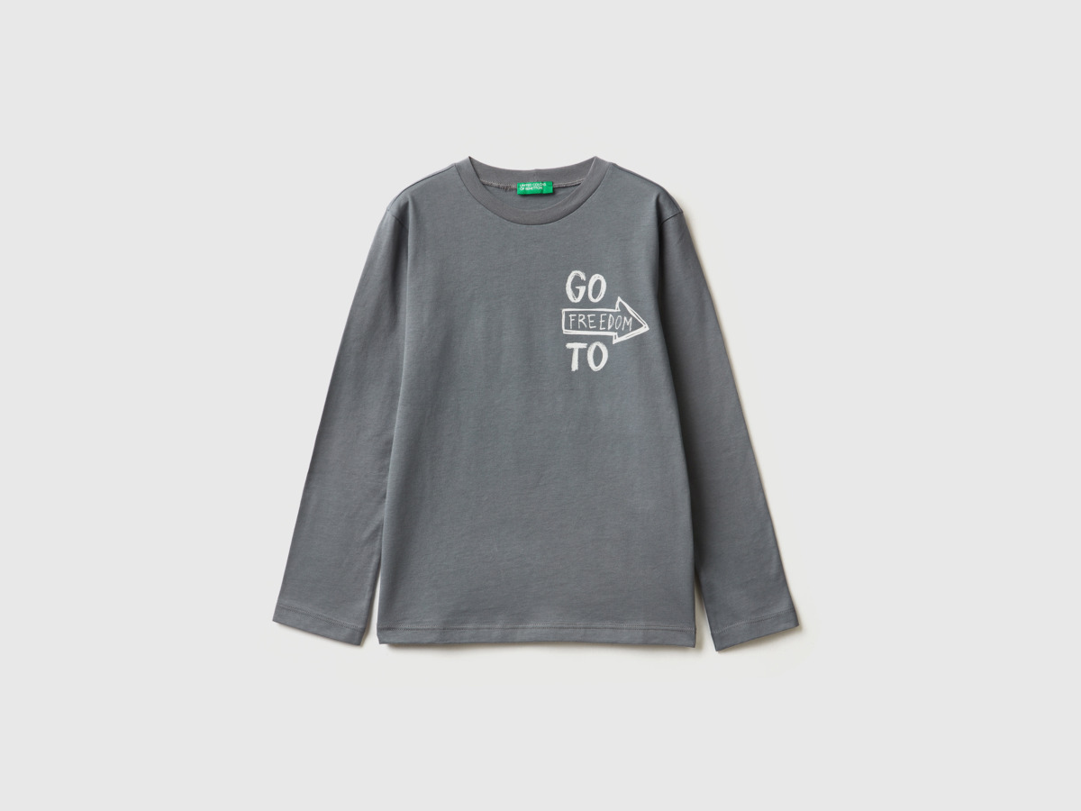 Benetton Grey T-Shirt With Long Sleeves And Print Dark Gray Paint Men Mens T-SHIRTS GOOFASH