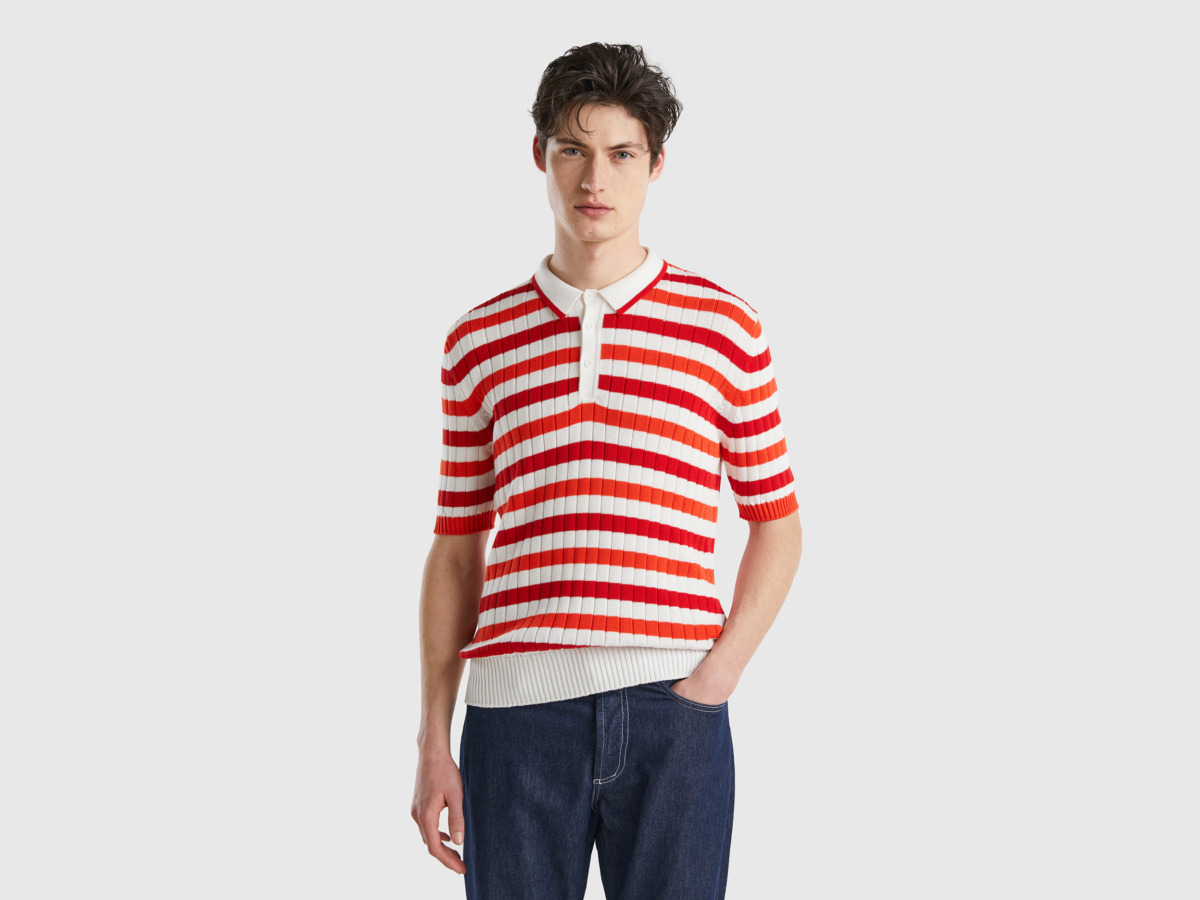 Benetton Man Multicolor Knitting Polo With Strip Pattern In Red And White Colorful Paint Mens POLOSHIRTS GOOFASH