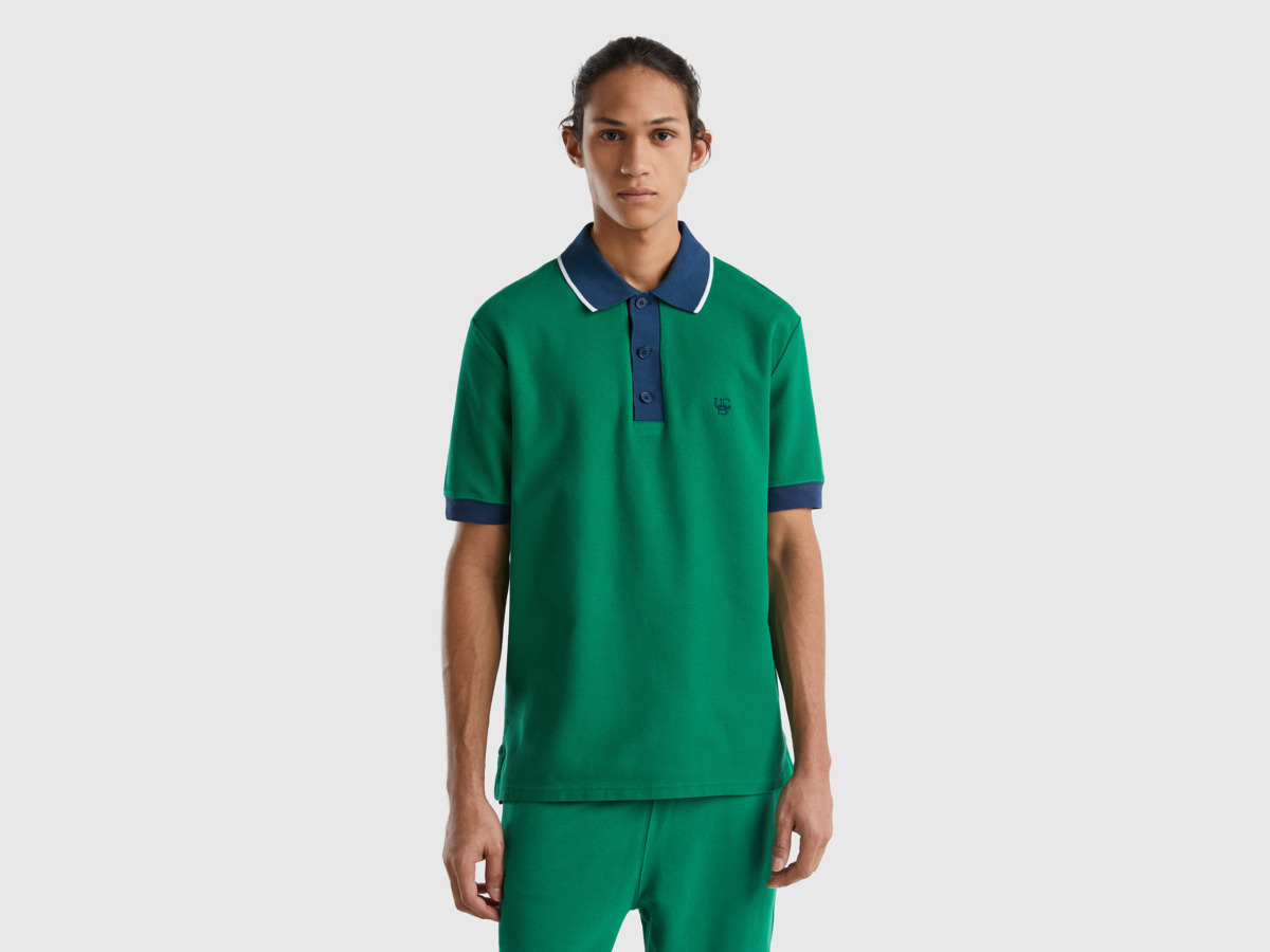 Benetton Man United Colors Of Polo With Short Sleeves And Hems In Contrast Color Dark Green Paint Mens POLOSHIRTS GOOFASH