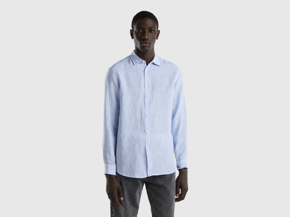Benetton Man United Colors Of Shirt Made Of Pure Linen Pale Blue Paint Mens SHIRTS GOOFASH