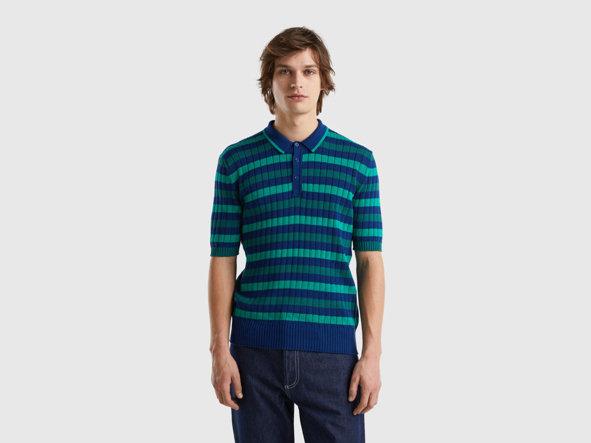 Benetton Men Multicolor Knitting Polo With Strip Pattern In Green And Blue Colorful Paint Mens POLOSHIRTS GOOFASH
