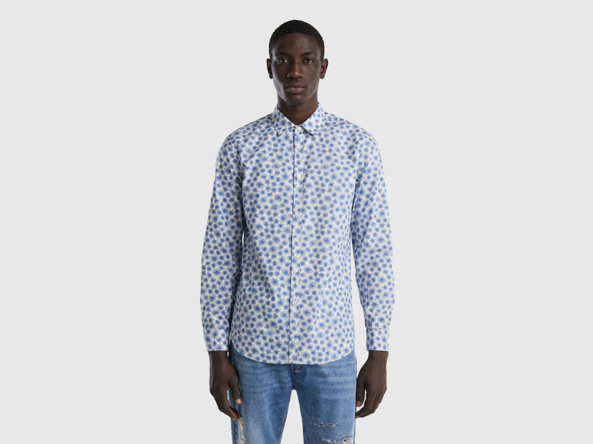 Benetton Men United Colors Of Slim Fit-Shirt With Pattern White Paint Mens SHIRTS GOOFASH