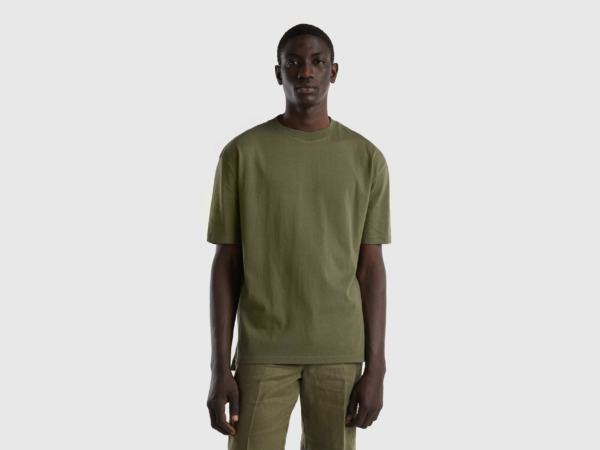 Benetton Men United Colors Of T-Shirt With Short Sleeves And Slots Military Green Paint Mens T-SHIRTS GOOFASH