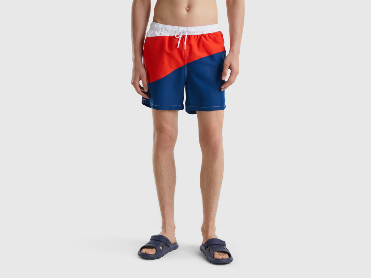 Benetton Multicolor Bathing Box Shorts With Color Blocks With Wave Motif Colorful Male Mens SHORTS GOOFASH