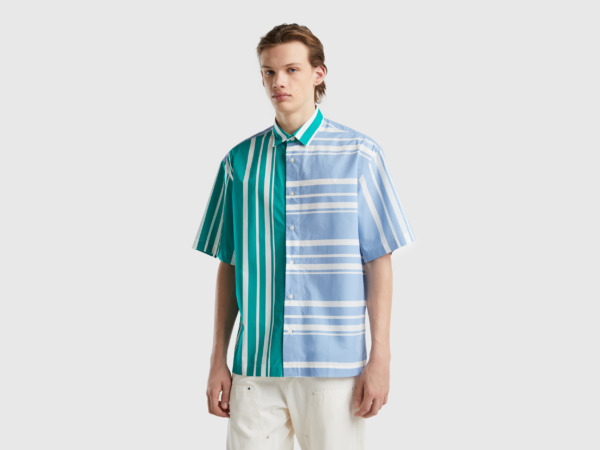 Benetton Multicolor Patchwork Shirt In Green And Sky Blue Colorful Paint Man Mens SHIRTS GOOFASH