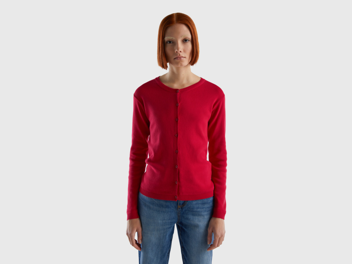Benetton Pink Cardigan With Round Excerpt Made Of Pure Fuchsia Female Womens KNITWEAR GOOFASH