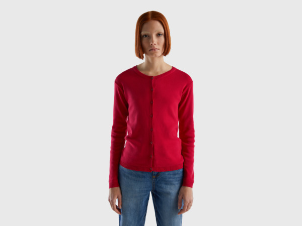 Benetton Pink Cardigan With Round Excerpt Made Of Pure Fuchsia Female Womens KNITWEAR GOOFASH