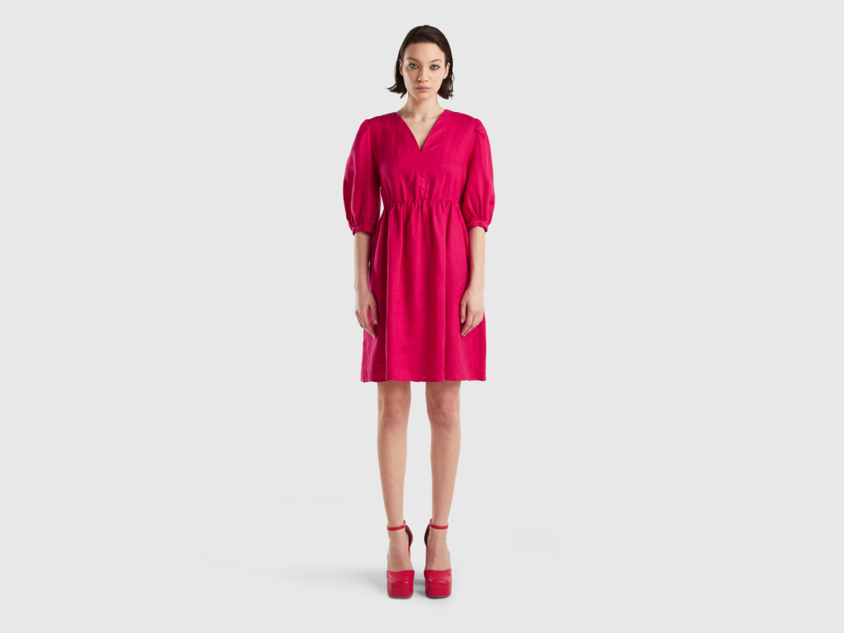 Benetton Pink Dress Made Of Pure Linen With V-Neck Fuchsia Female Womens DRESSES GOOFASH