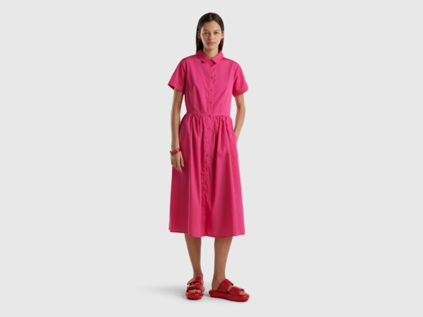 Benetton Pink Midi Chemical Dress Made Of Pure Fuchsia Female Womens DRESSES GOOFASH