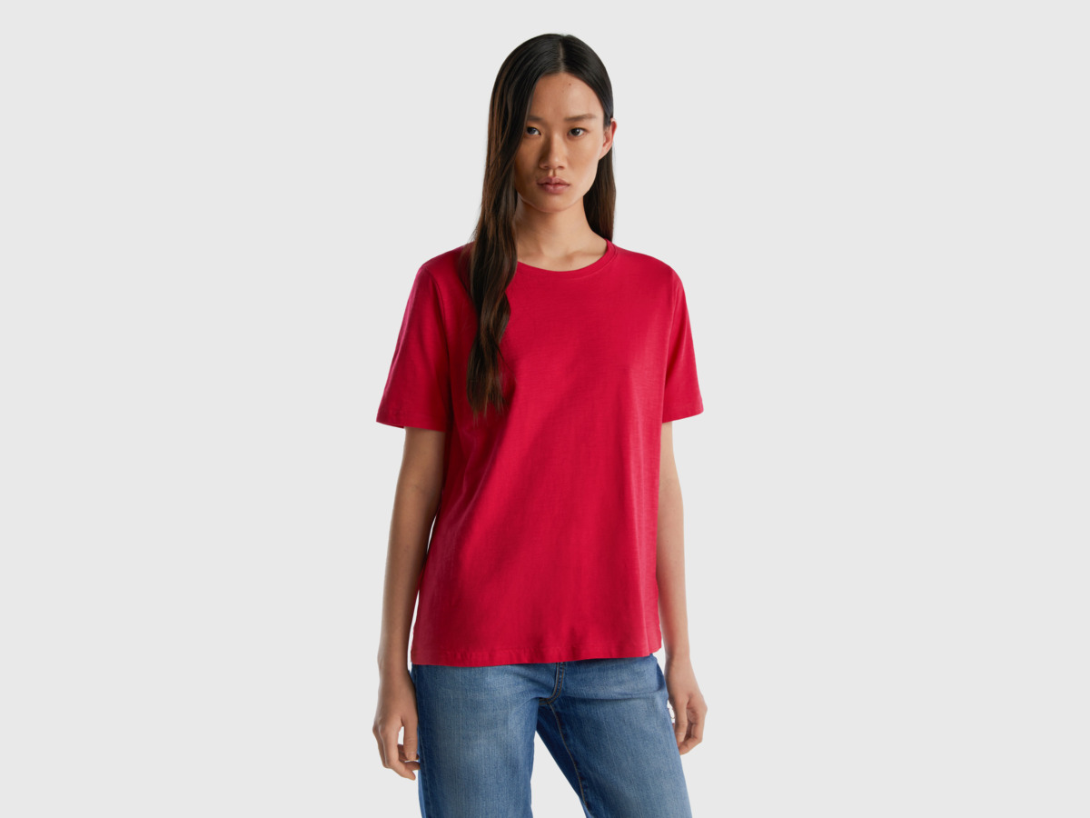 Benetton Pink T-Shirt With Circular Neckline Made Of Flamed Fuchsia Female Womens T-SHIRTS GOOFASH