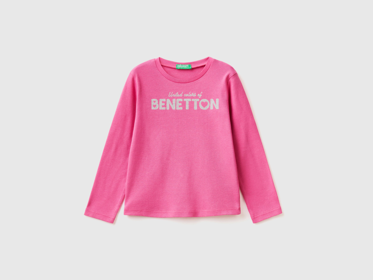 Benetton Pink T-Shirt With Long Sleeves And Glitter Print Fuchsia Female Womens T-SHIRTS GOOFASH