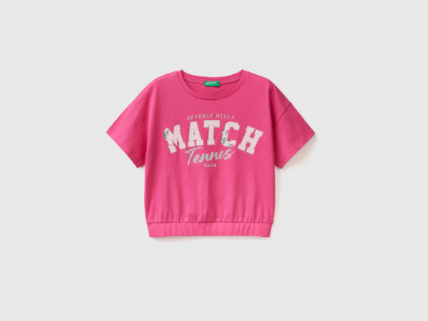 Benetton Pink T-Shirt With Print And Glitter Fuchsia Female Womens T-SHIRTS GOOFASH