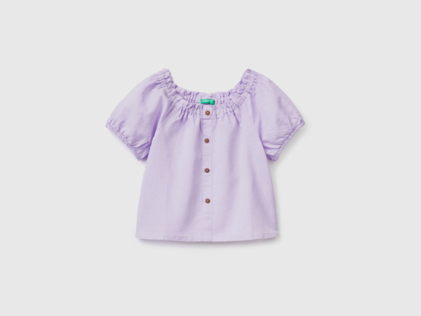 Benetton Purple Blouse From Linen Mixture With Short Sleeves Lilac Female Womens BLOUSES GOOFASH