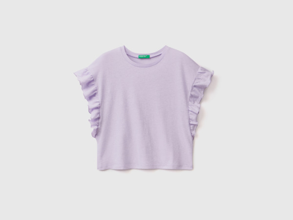 Benetton Purple T-Shirt From Linen Mixture With Ruffles Lilac Female Womens T-SHIRTS GOOFASH