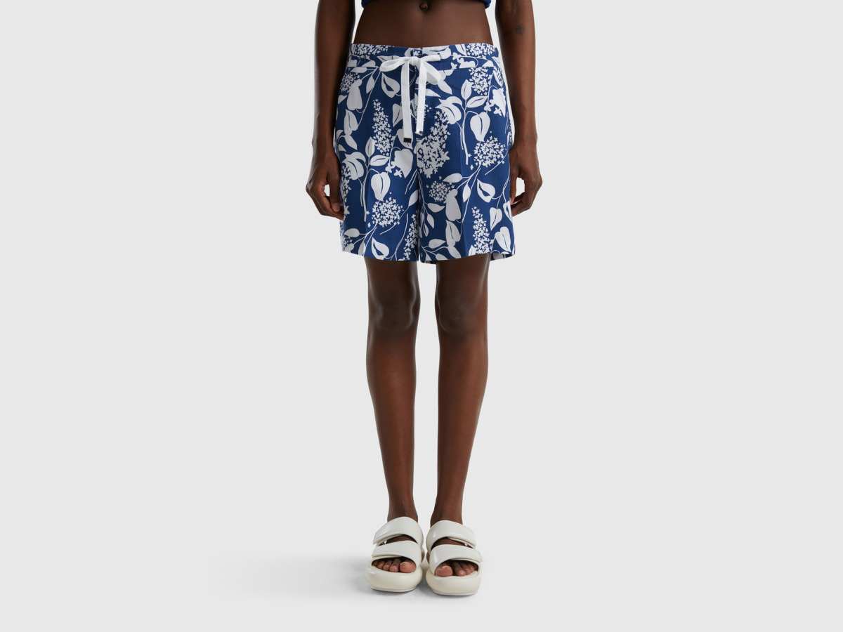 Benetton United Colors Of Bermuda With Print And Tunnel Train Blue Female Womens SHORTS GOOFASH