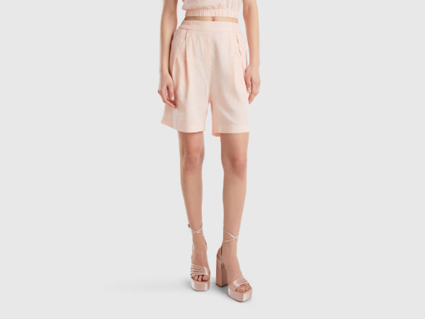 Benetton United Colors Of Bermudas From Linen Mixture Pastel Pink Female Womens SHORTS GOOFASH