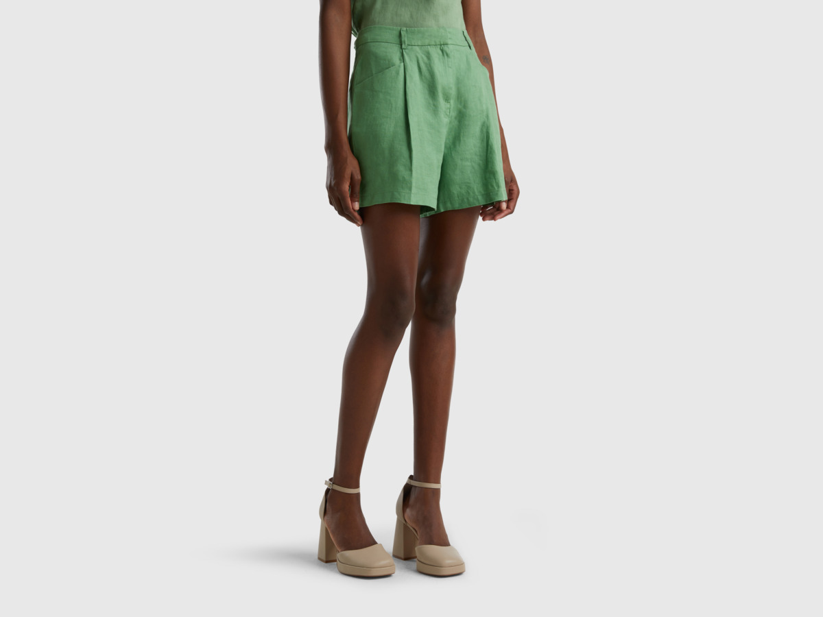 Benetton United Colors Of Bermudas From Pure Linen Green Female Womens SHORTS GOOFASH