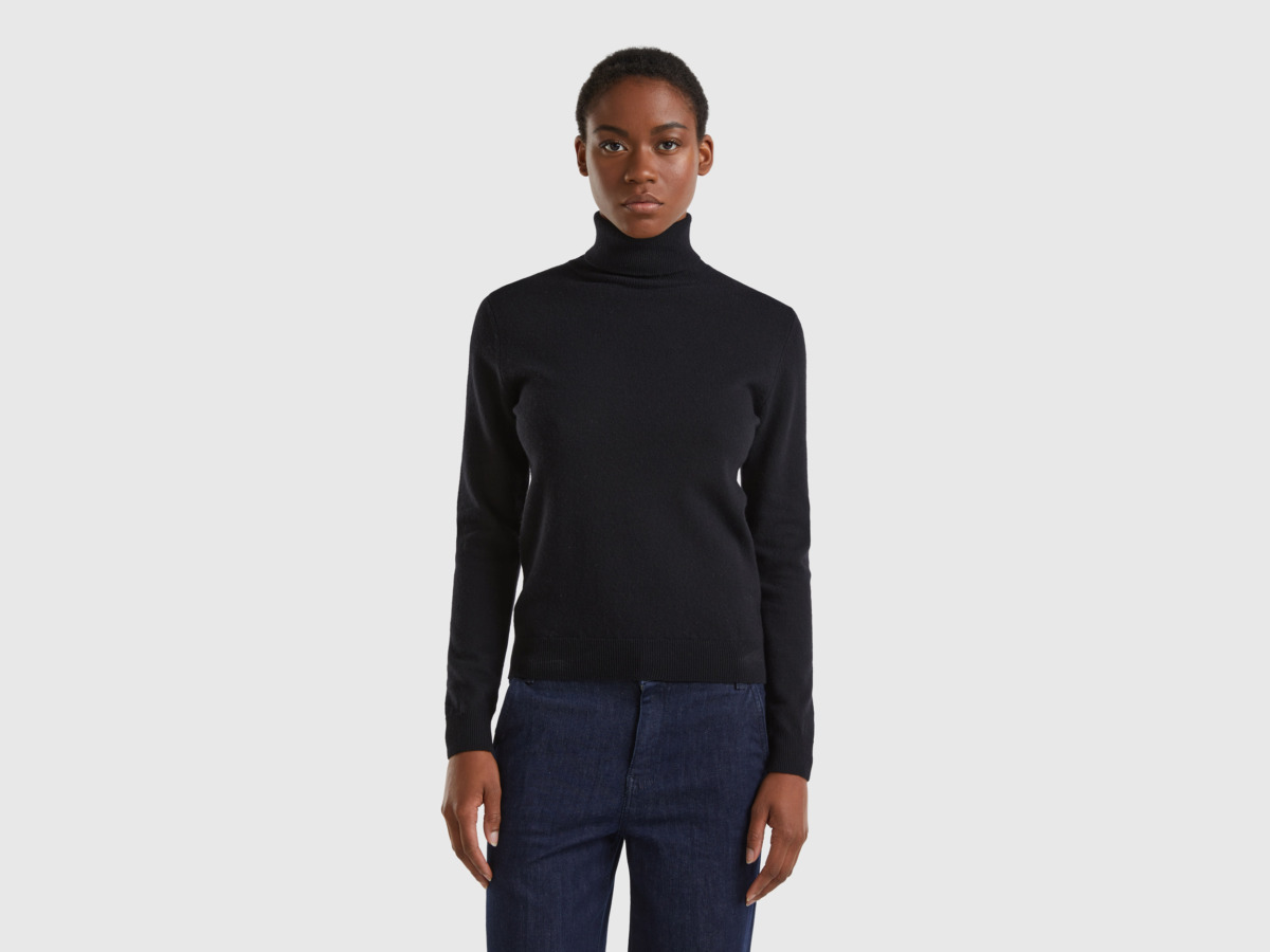 Benetton United Colors Of Black Roll Collar Sweater Made Of Merino Black Female Womens SWEATERS GOOFASH