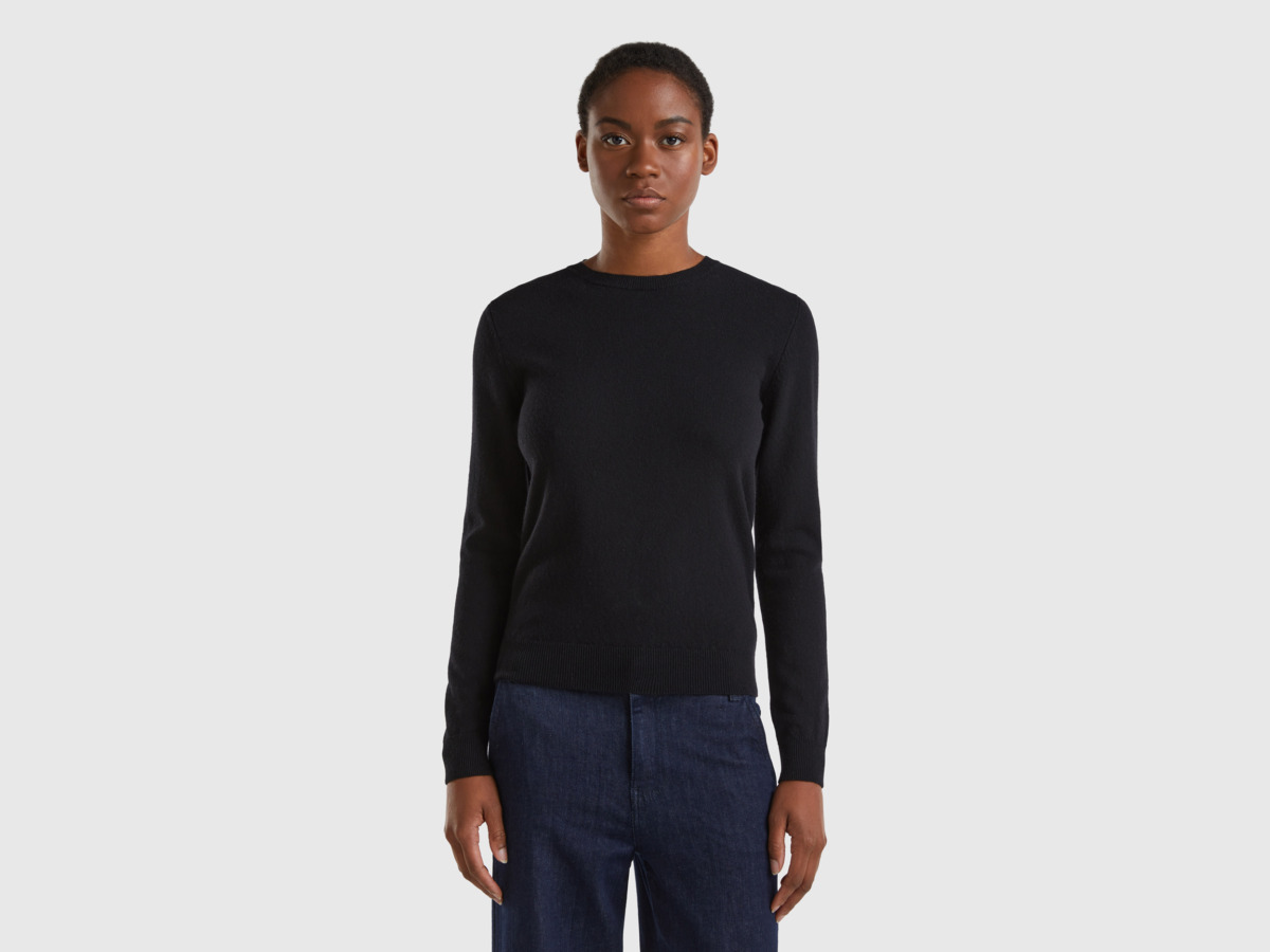Benetton United Colors Of Black Sweater Made Of Merino With Circular Neckline Black Female Womens SWEATERS GOOFASH