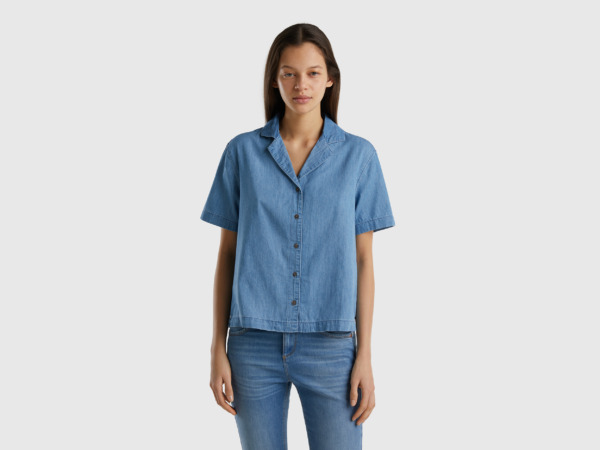 Benetton United Colors Of Blouse Made Of Chambray Light Blue Female Womens BLOUSES GOOFASH