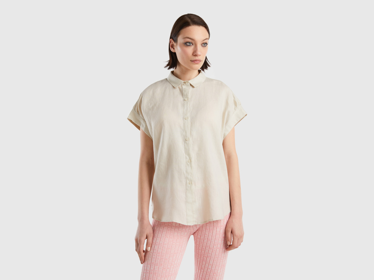 Benetton United Colors Of Blouse Made Of Pure Linen With Short Sleeves Beige Female Womens BLOUSES GOOFASH
