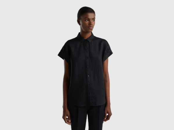 Benetton United Colors Of Blouse Made Of Pure Linen With Short Sleeves Black Female Womens BLOUSES GOOFASH