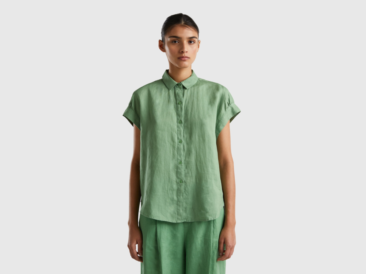 Benetton United Colors Of Blouse Made Of Pure Linen With Short Sleeves Green Female Womens BLOUSES GOOFASH