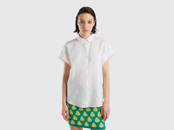 Benetton United Colors Of Blouse Made Of Pure Linen With Short Sleeves White Female Womens BLOUSES GOOFASH