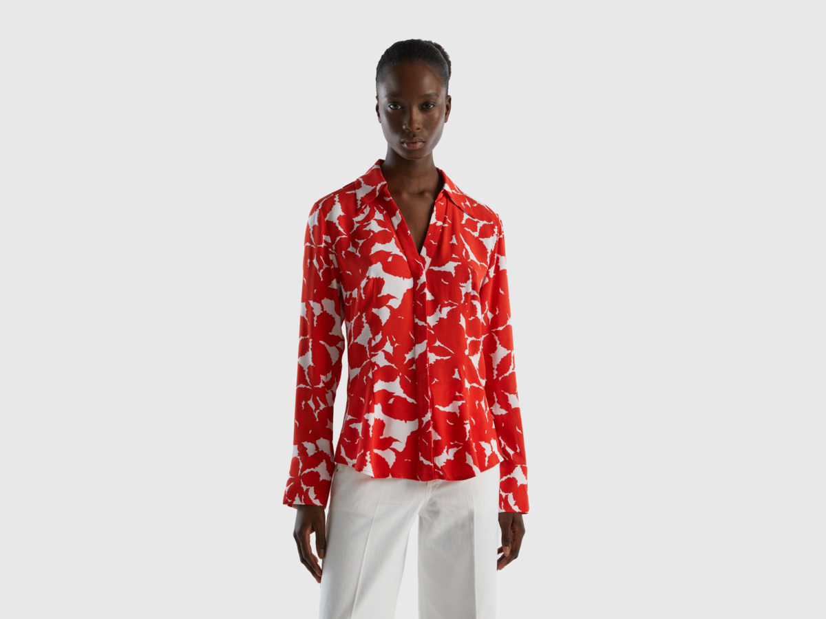 Benetton United Colors Of Blouse Made Of Pure With Floral Pattern Red Female Womens BLOUSES GOOFASH