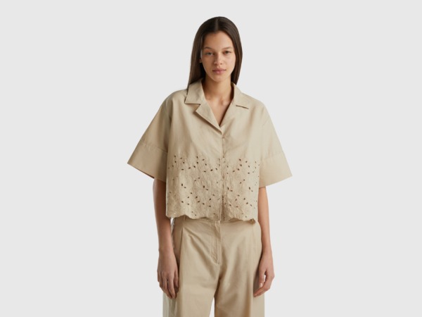 Benetton United Colors Of Blouse With Hole Embroidery Beige Female Womens BLOUSES GOOFASH