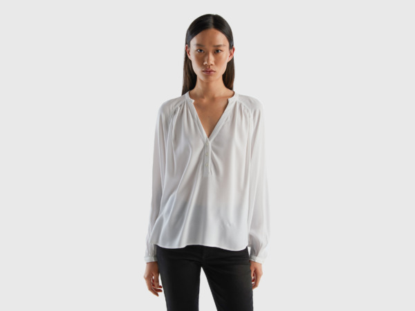 Benetton United Colors Of Blouse With Long Sleeves White Female Womens BLOUSES GOOFASH