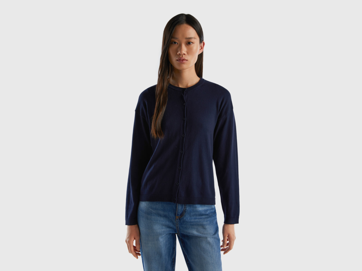 Benetton United Colors Of Cardigan With Circular Neckline And Buttons Dark Blue Female Womens KNITWEAR GOOFASH