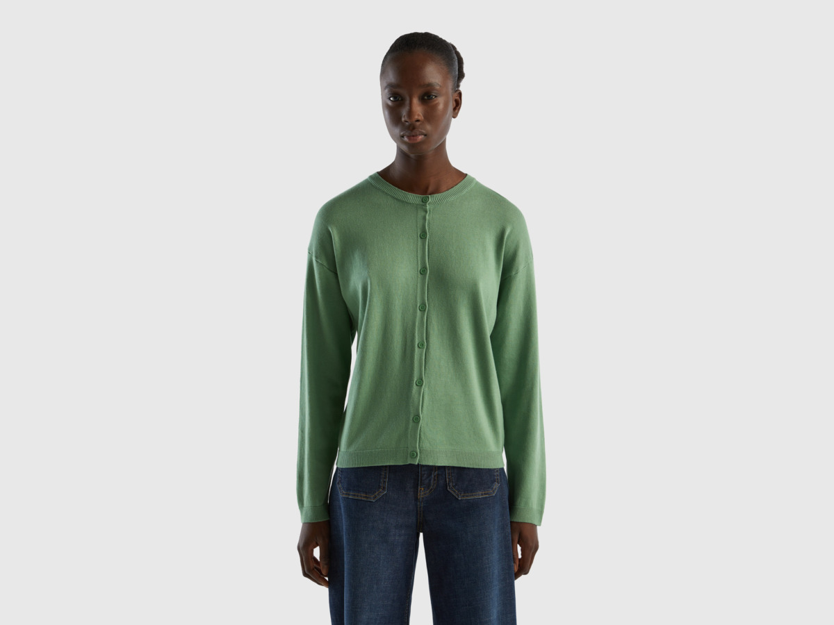 Benetton United Colors Of Cardigan With Circular Neckline And Buttons Green Female Womens KNITWEAR GOOFASH
