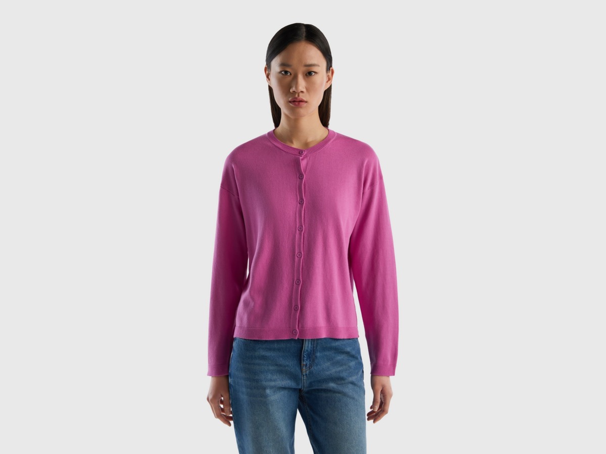 Benetton United Colors Of Cardigan With Circular Neckline And Buttons Pink Female Womens KNITWEAR GOOFASH