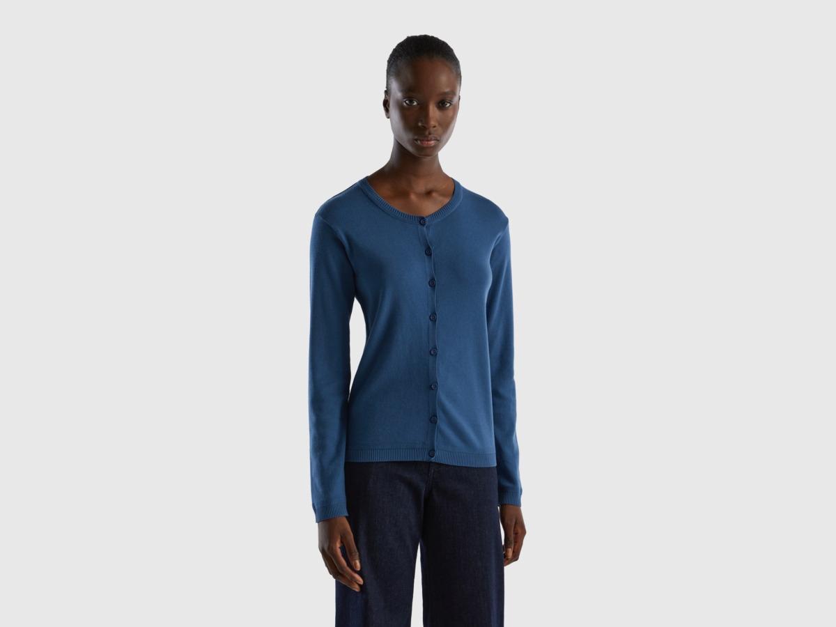 Benetton United Colors Of Cardigan With Round Neckline Made Of Pure Blue Female Womens KNITWEAR GOOFASH