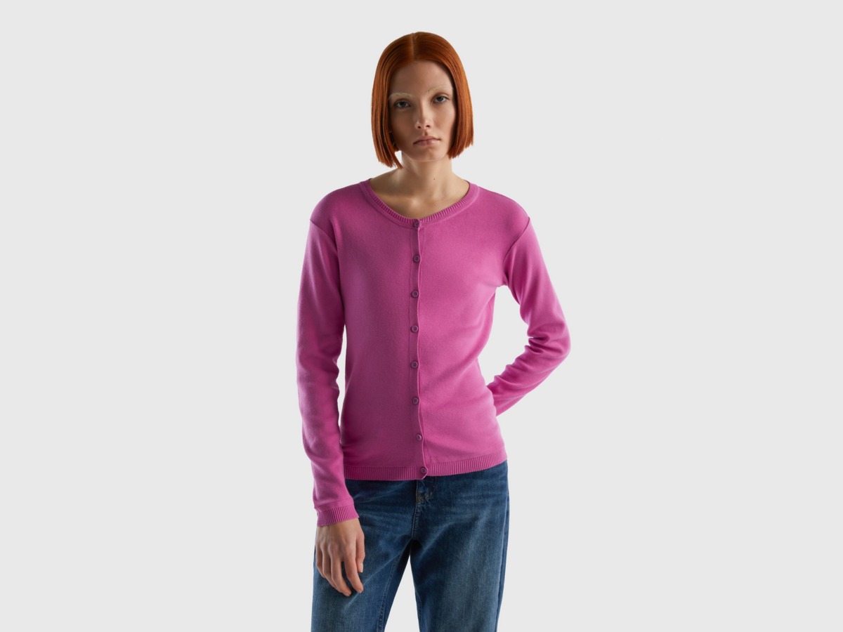 Benetton United Colors Of Cardigan With Round Neckline Made Of Pure Pink Female Womens KNITWEAR GOOFASH