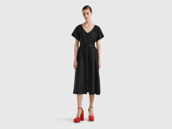 Benetton United Colors Of Chemistry Dress In Linen Mixture Black Female Womens DRESSES GOOFASH