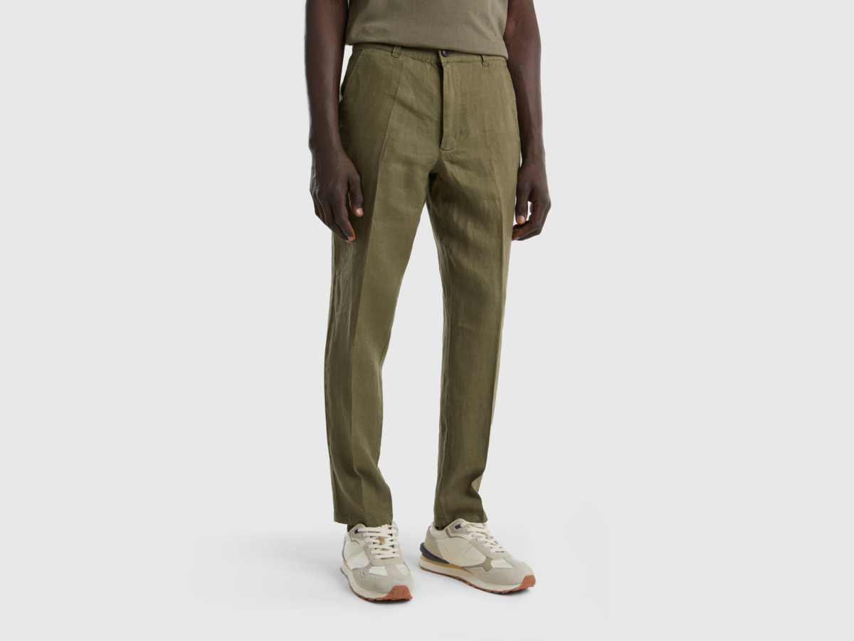 Benetton United Colors Of Chinos From Pure Linen Military Green Male Mens TROUSERS GOOFASH