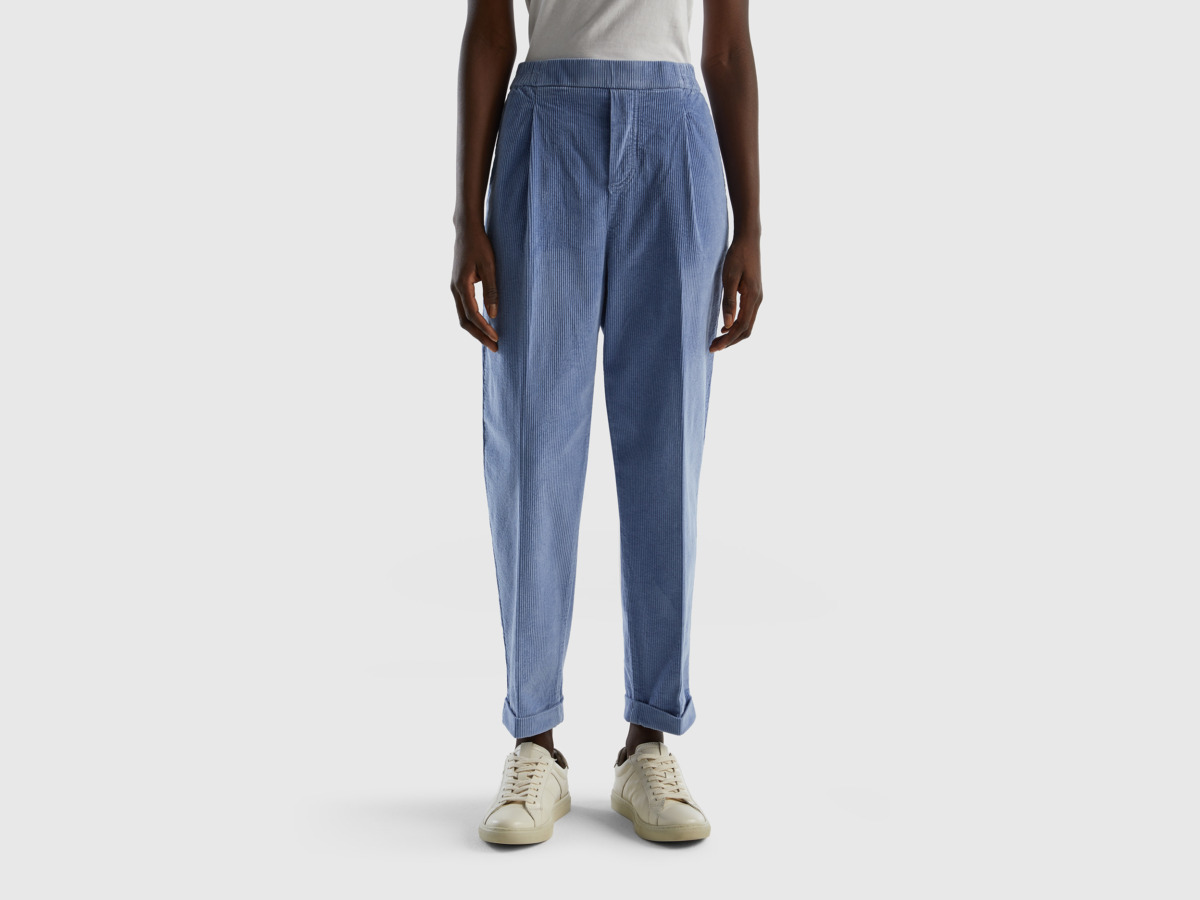 Benetton United Colors Of Chinos Made Of Velvet With An Elastic Waistband Light Blue Female Womens TROUSERS GOOFASH