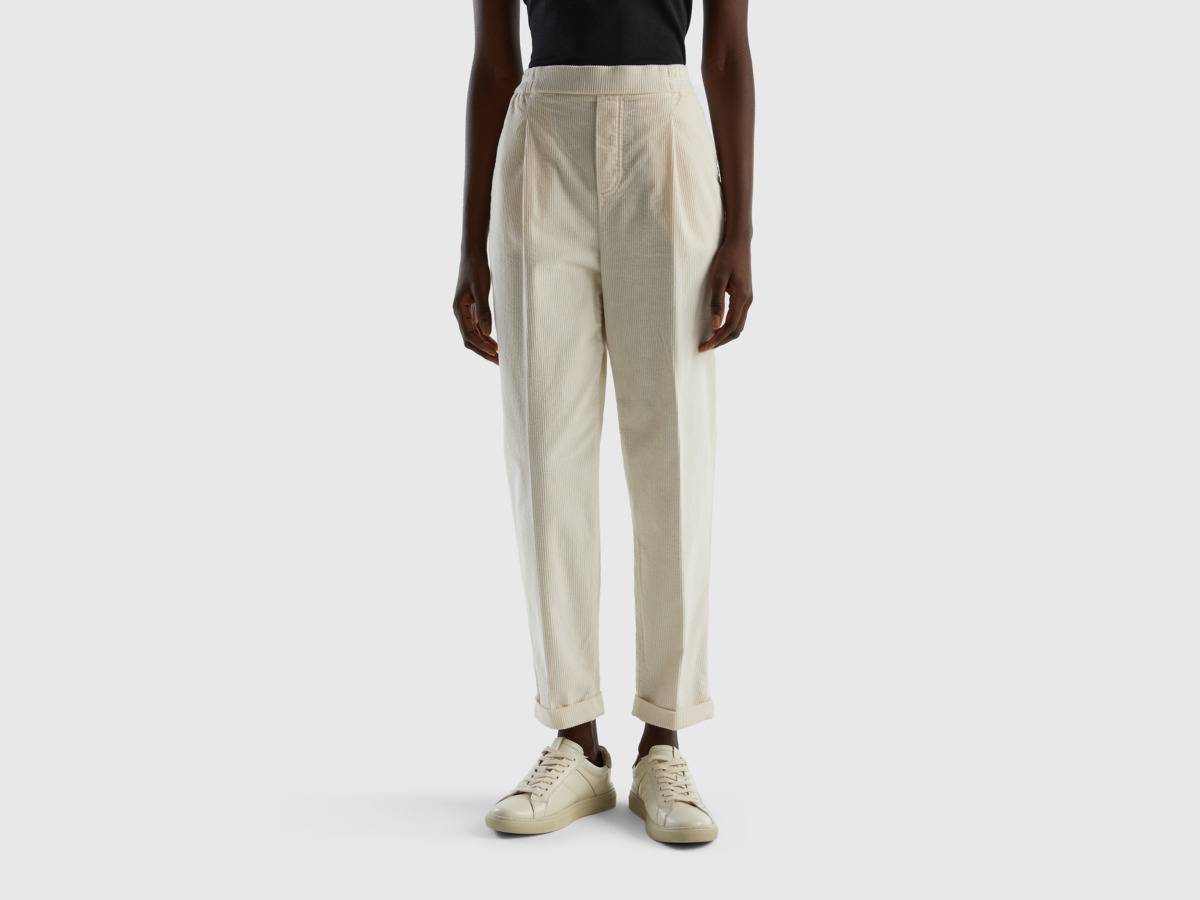 Benetton United Colors Of Chinos Made Of Velvet With An Elastic Waistband White Female Womens TROUSERS GOOFASH