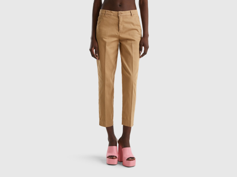 Benetton United Colors Of Croped Chinos Made Of Stretchy Camel Female Womens TROUSERS GOOFASH