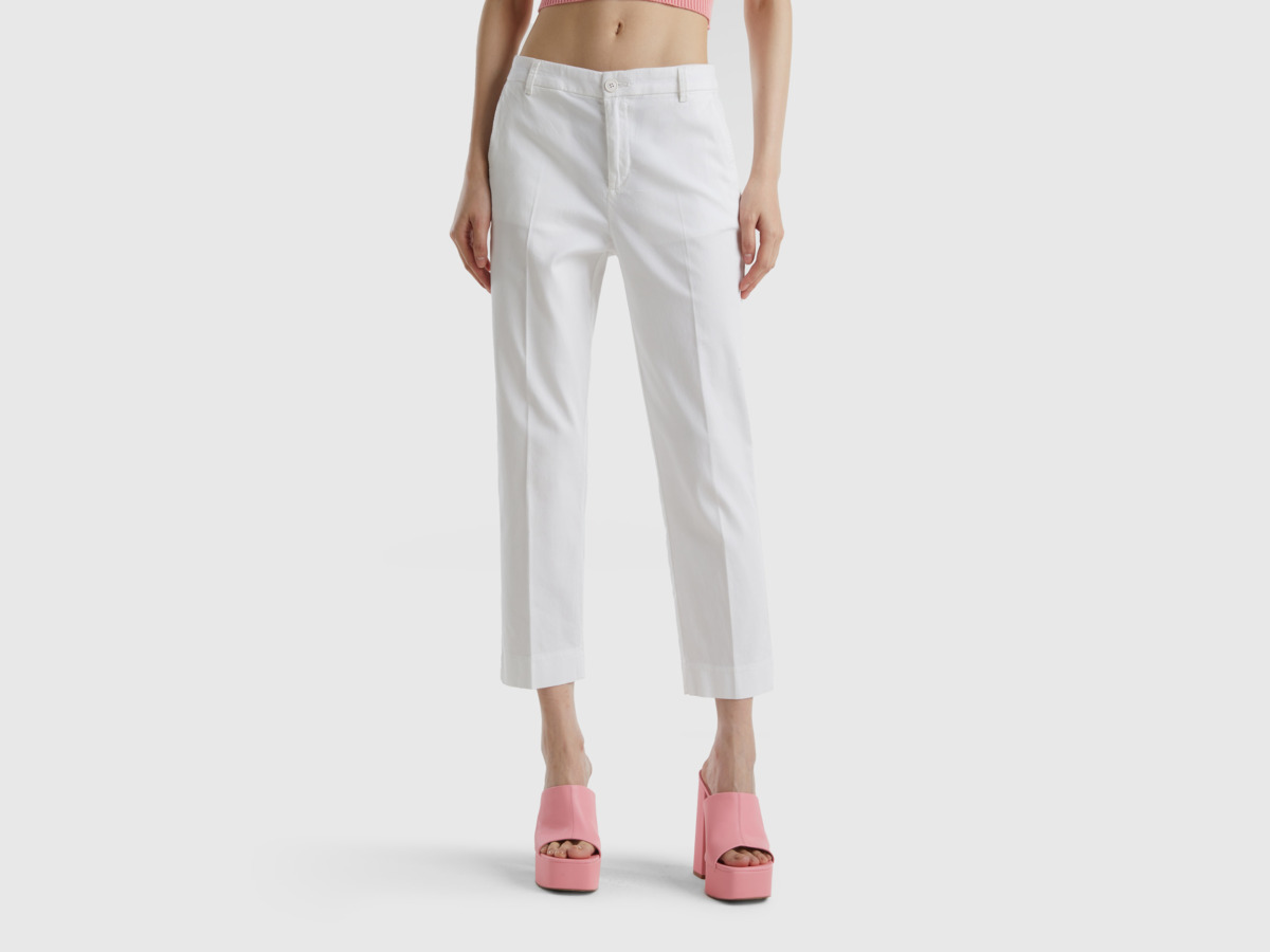 Benetton United Colors Of Croped Chinos Made Of Stretchy White Female Womens TROUSERS GOOFASH