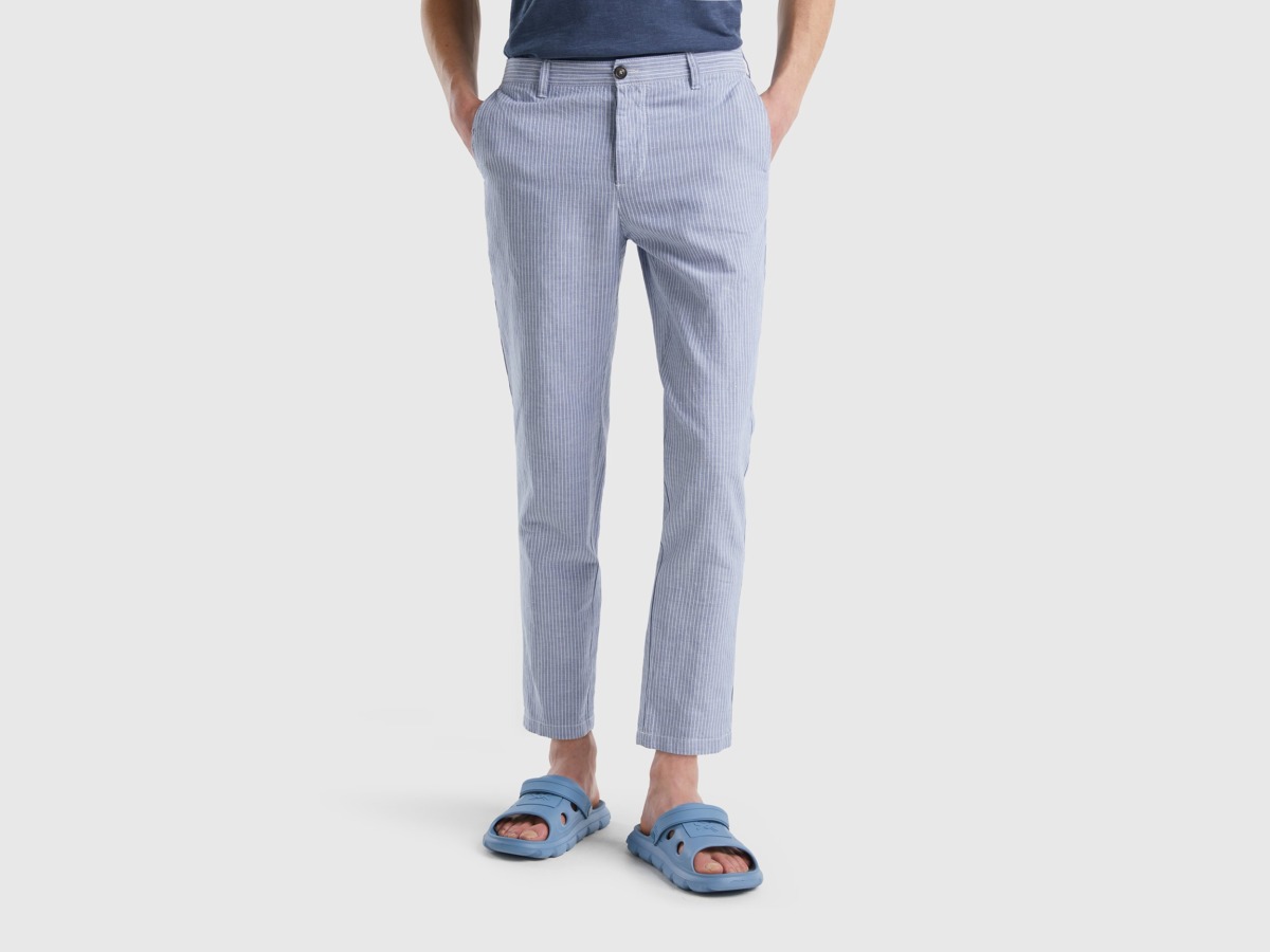Benetton United Colors Of Cropped Chinos In Linen Mix Pale Blue Male Mens TROUSERS GOOFASH