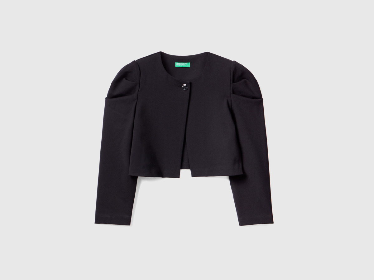 Benetton United Colors Of Cropped Jacket With Puff Sleeves Black Female Womens JACKETS GOOFASH