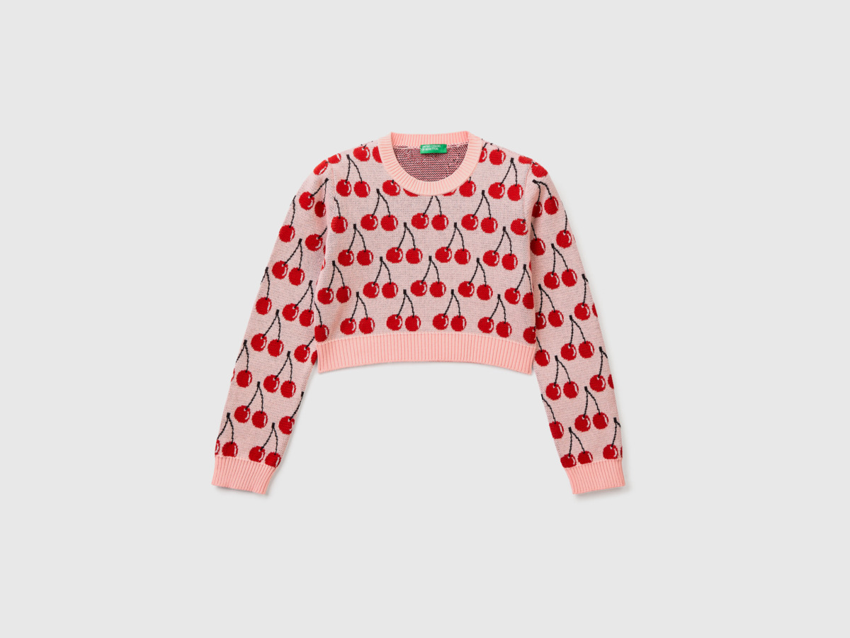 Benetton United Colors Of Cropped Sweater With Cherry Pattern In Pink Pink Female Womens SWEATERS GOOFASH